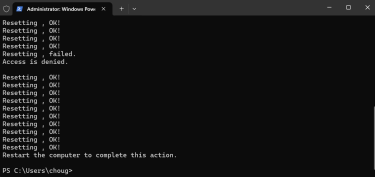 Windows Terminal (Admin) showing netsh reset results with OK messages and prompt to restart the computer.