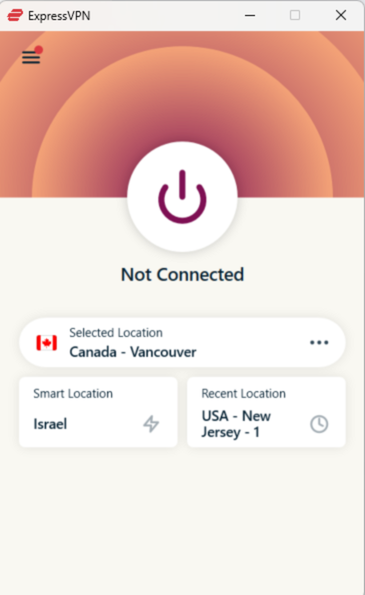 The ExpressVPN app not connected to any server.
