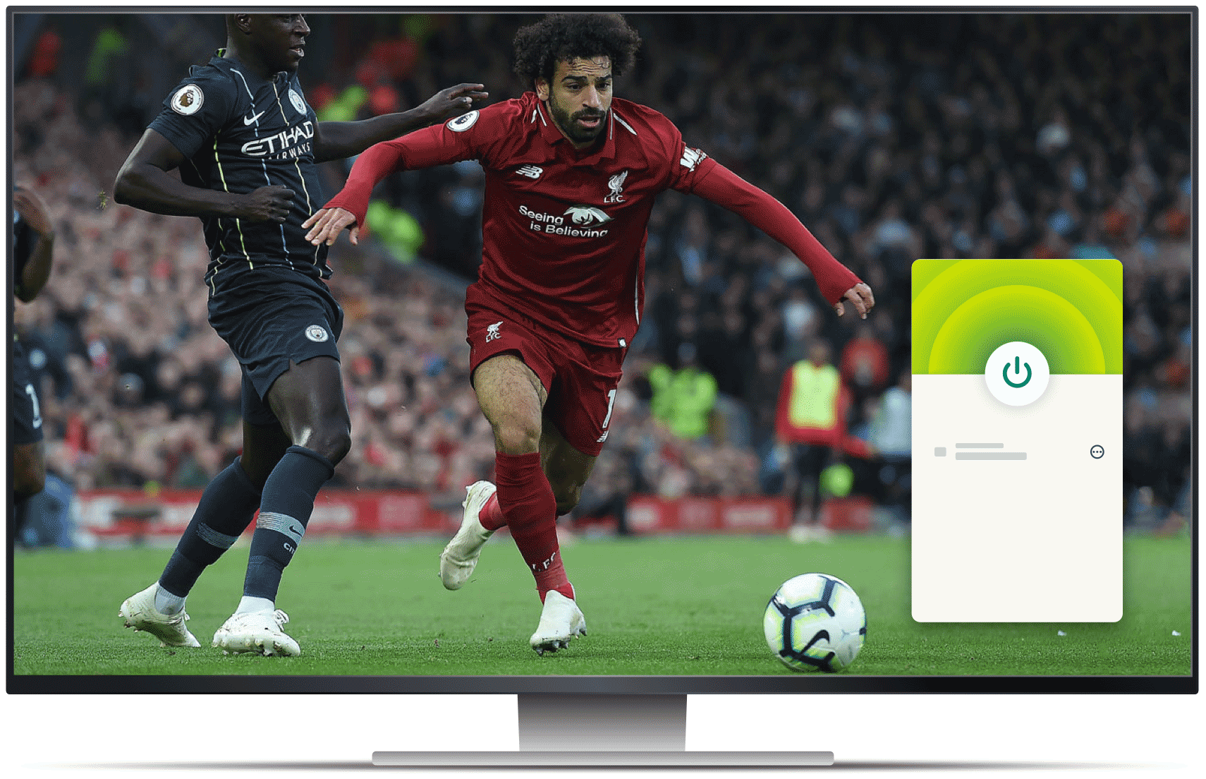 Monitor komputera ze streamingiem piłki nożnej beIN Sports i aplikacją VPN.
