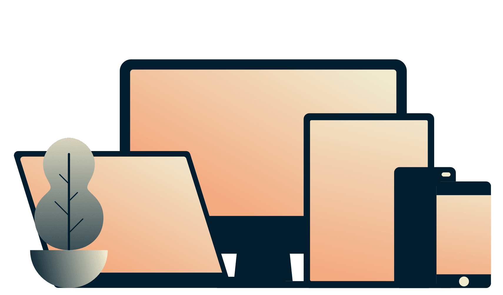 Telefones celulares, um tablet, um laptop e um desktop, todos rodando ExpressVPN simultaneamente.