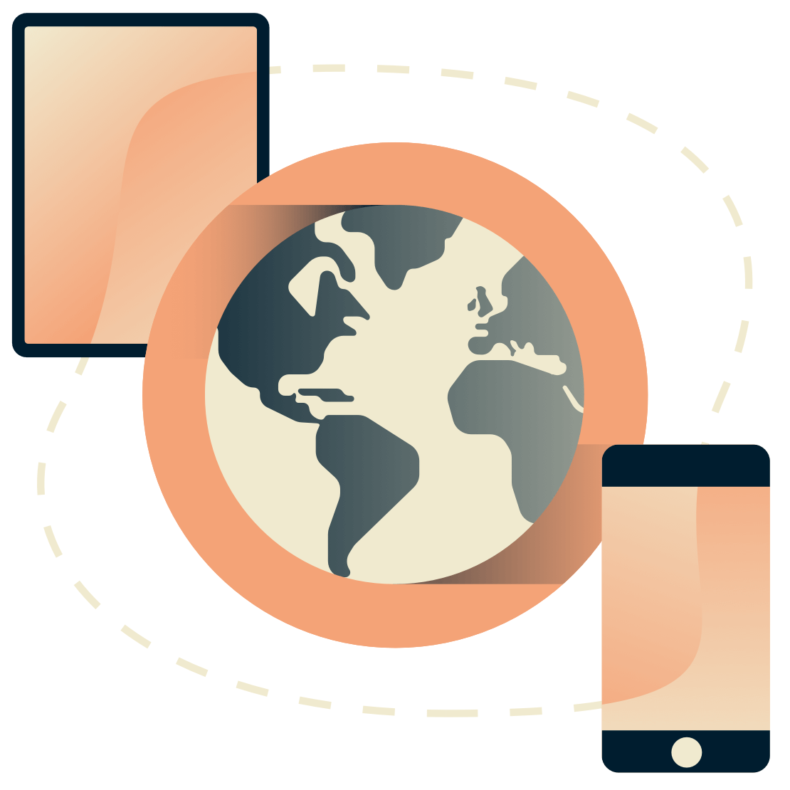 Tablet i telefon otaczają kulę ziemską.