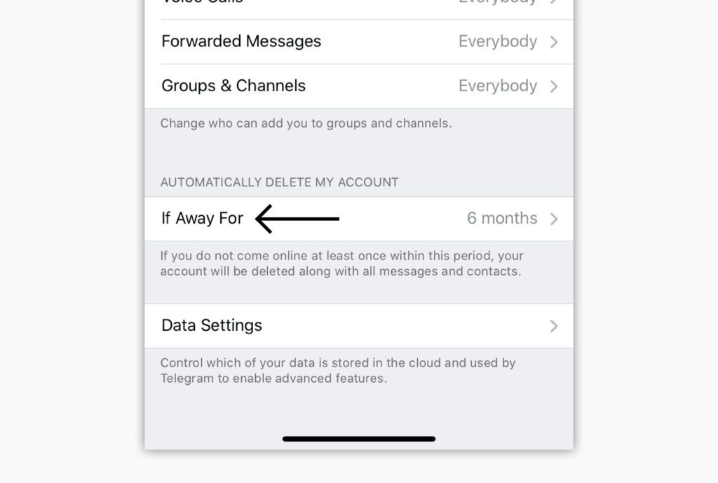 Telegram-Option „Wenn inaktiv für“.