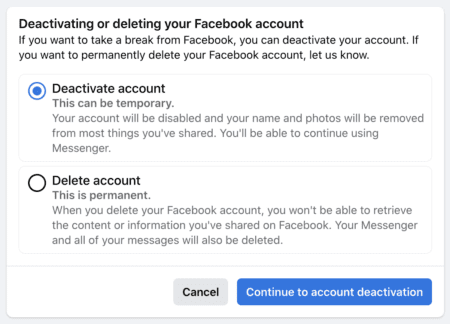 Screenshot der Facebook-Seite: Konto deaktivieren