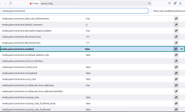 The Firefox about:config menu with media.peerconnection.enabled highlighted.