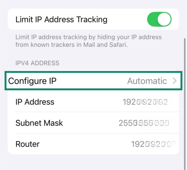 Connected Wi-Fi network settings close-up shot with the Configure IP option highlighted.