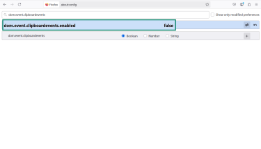 The Firefox about:config menu with dom.event.clipboardevents.enabled highlighted.