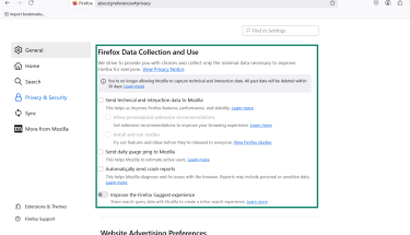 The Firefox data collection and use menu with every option toggled off.