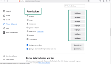 The Firefox Privacy & Security settings, scrolled down to Permissions.