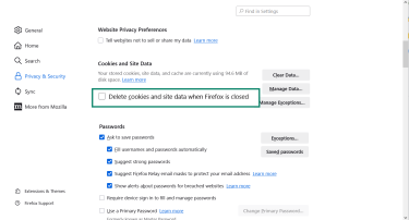 The Firefox Privacy & Security menu with "Delete cookies and site data when Firefox is closed" turned off.