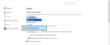 The Firefox default search engine option's dropdown menu, with DuckDuckGo highlighted.