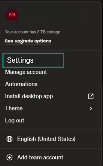 The Dropbox settings menu.