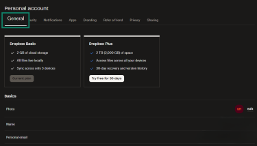 Dropbox settings menu opened to General.