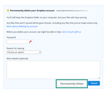Permanently deleting your Dropbox account, verification page.