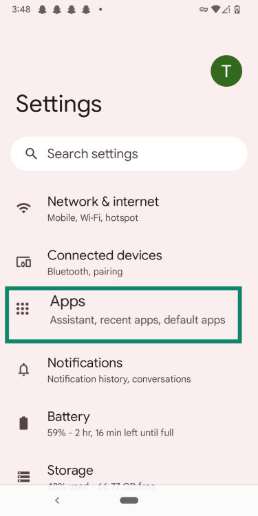 Android opened to Settings, highlighting Apps.