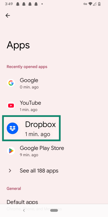 Dropbox showing in the Android Apps menu.