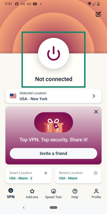 ExpressVPN app home screen, but disconnected.