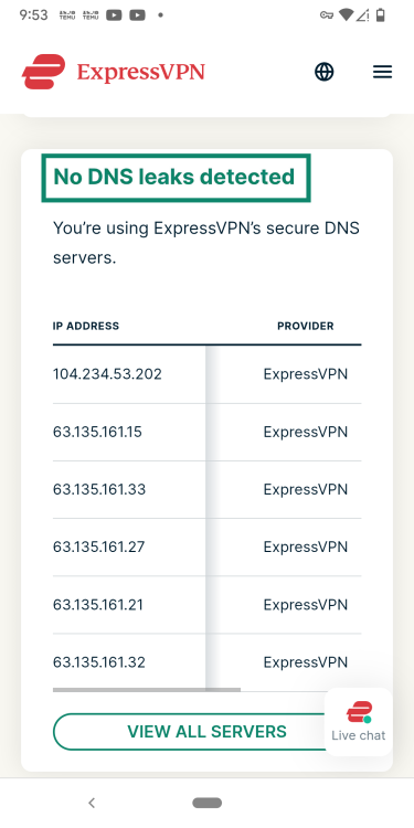 A passing ExpressVPN DNS leak test.