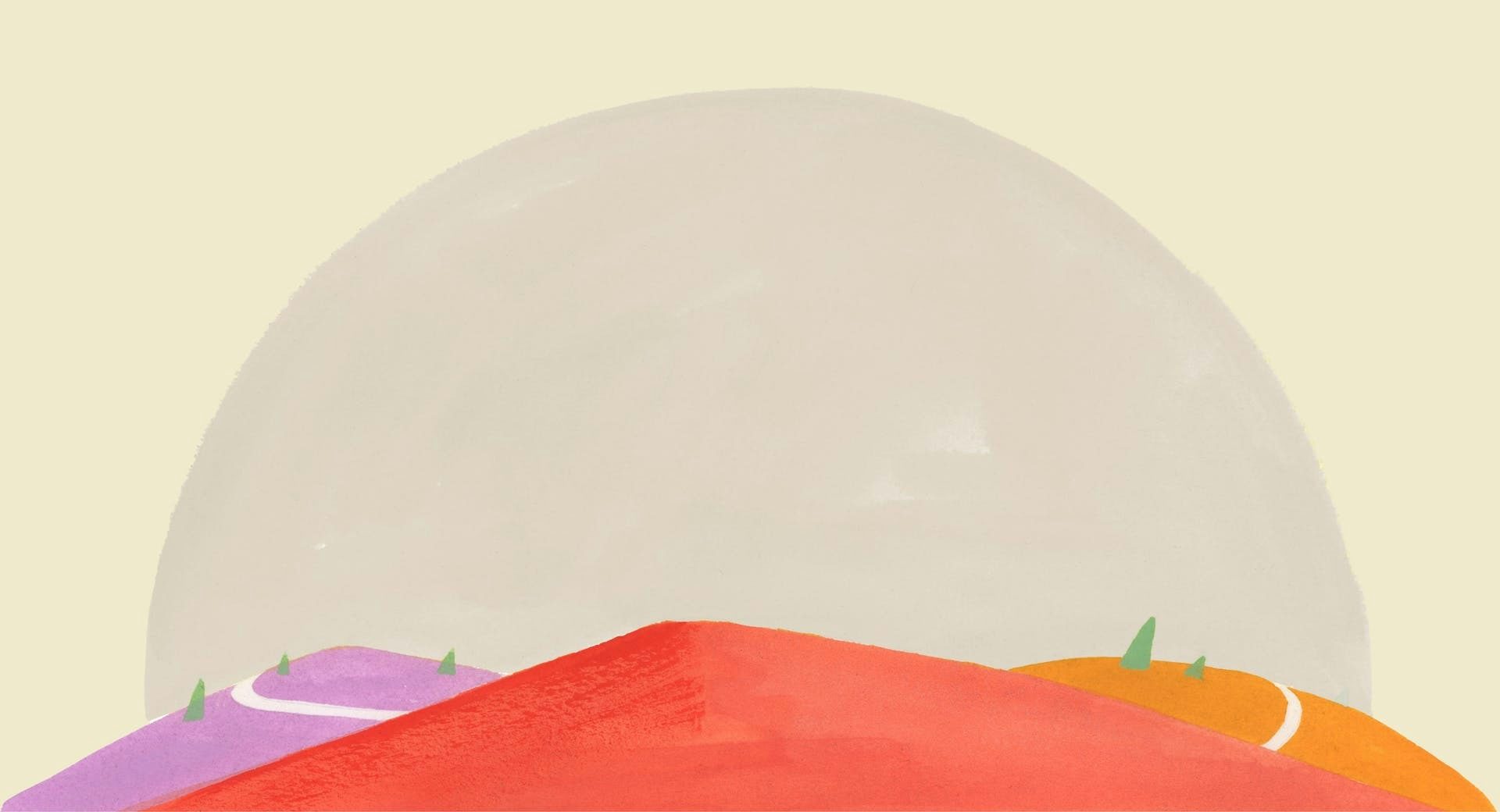 丘の上に続くカラフルな小道を描いた ExpressVPN のイラスト。安全で高速なグローバルなインターネット接続を象徴しています。